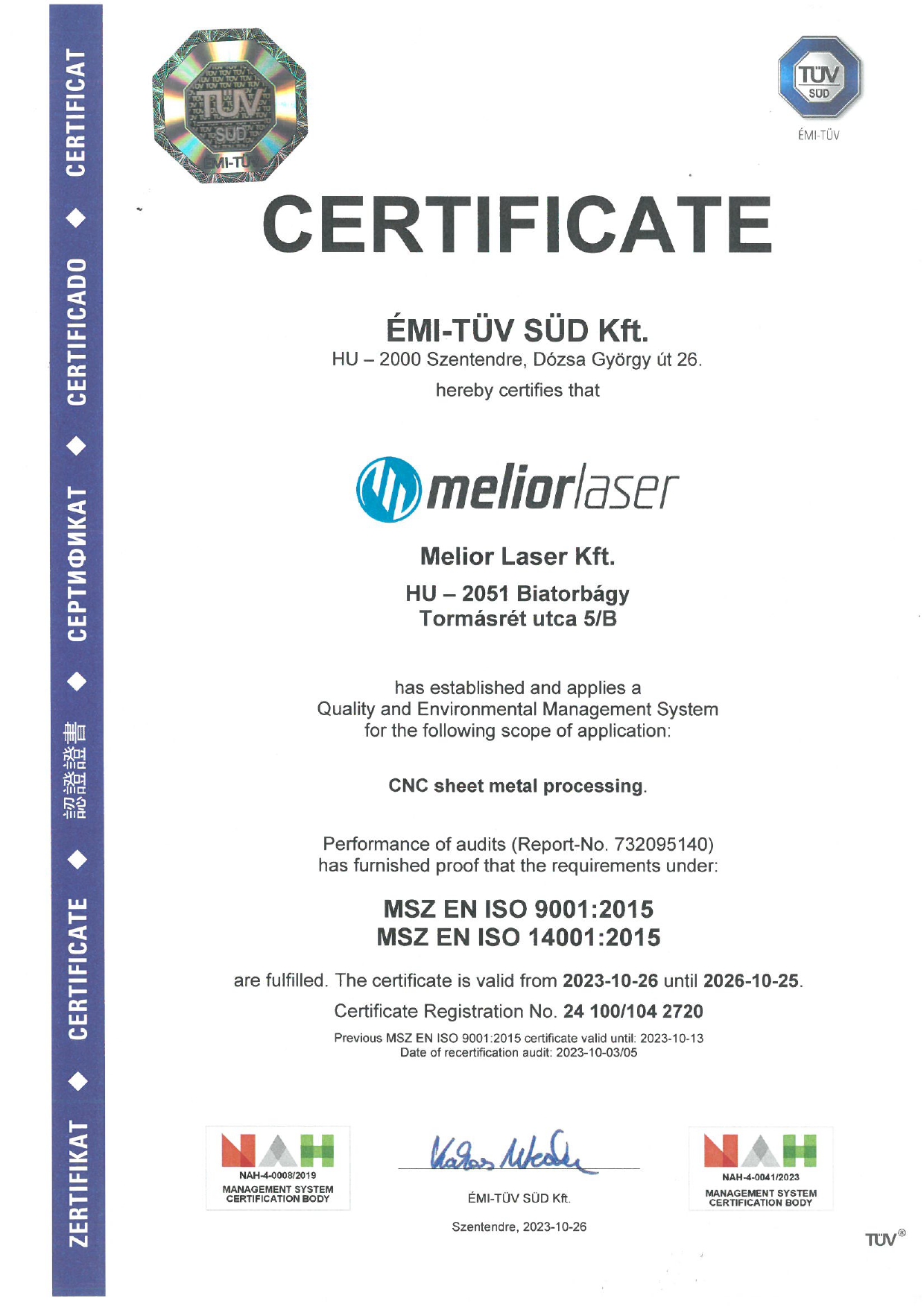 ISO 9001 és ISO 14001 certificate